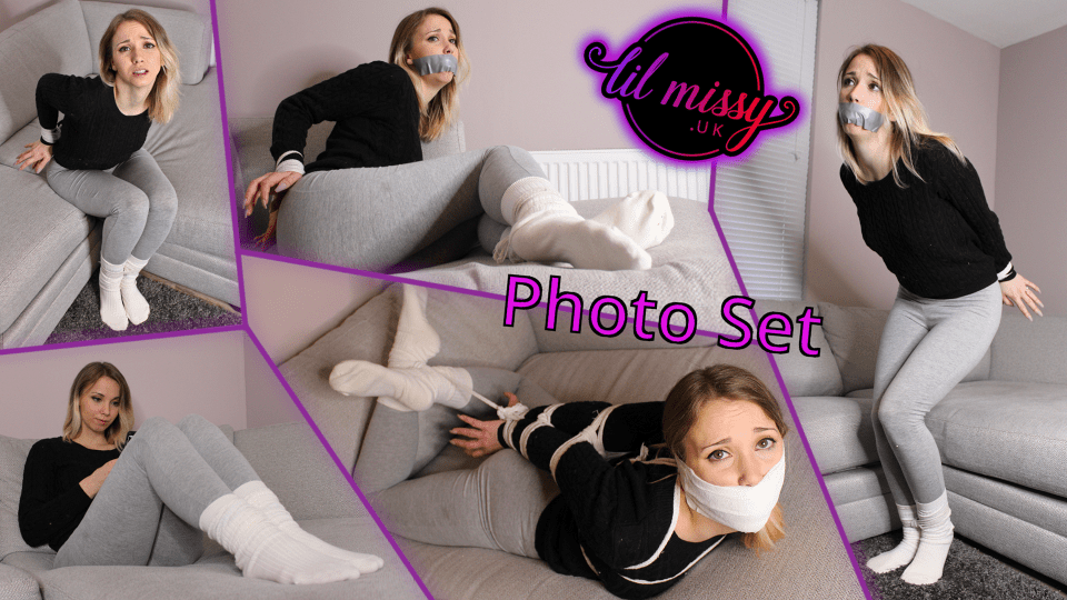 Double gagged in sweater on sofa - Photo set