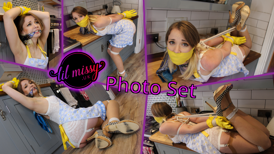House wife hogtied on kitchen counter - Photo set